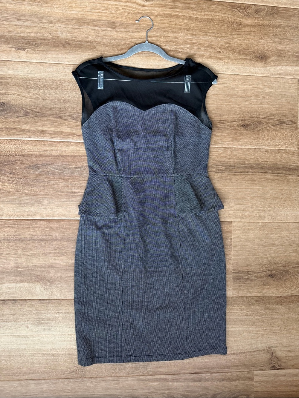 Enfocus Studio Gray Midi Sheath Dress with Black Mesh Yoke